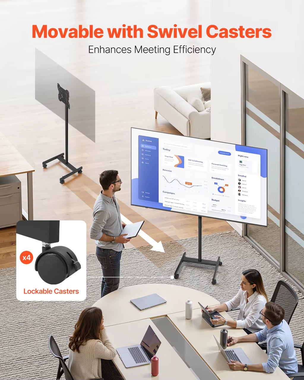 Rolling TV Stand Mobile TV Cart Suit for Various Sizes TV Portable TV Stand with Wheels for Living Room Bedroom Office