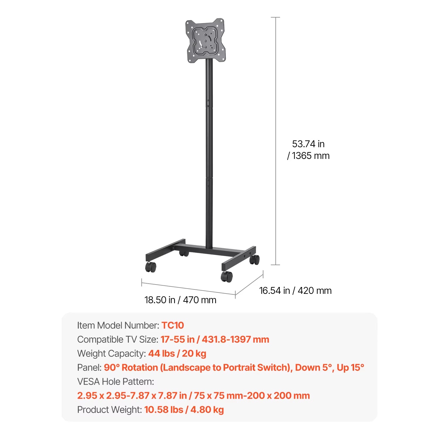 Rolling TV Stand Mobile TV Cart Suit for Various Sizes TV Portable TV Stand with Wheels for Living Room Bedroom Office